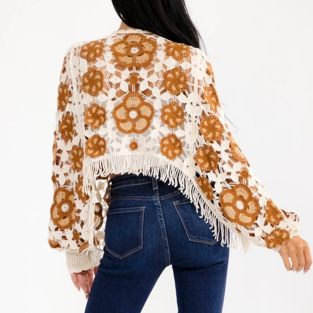 Boho Crochet Floral Fringe Crop Sweater Top Cream Brown Long Sleeve - Picture 4 of 5